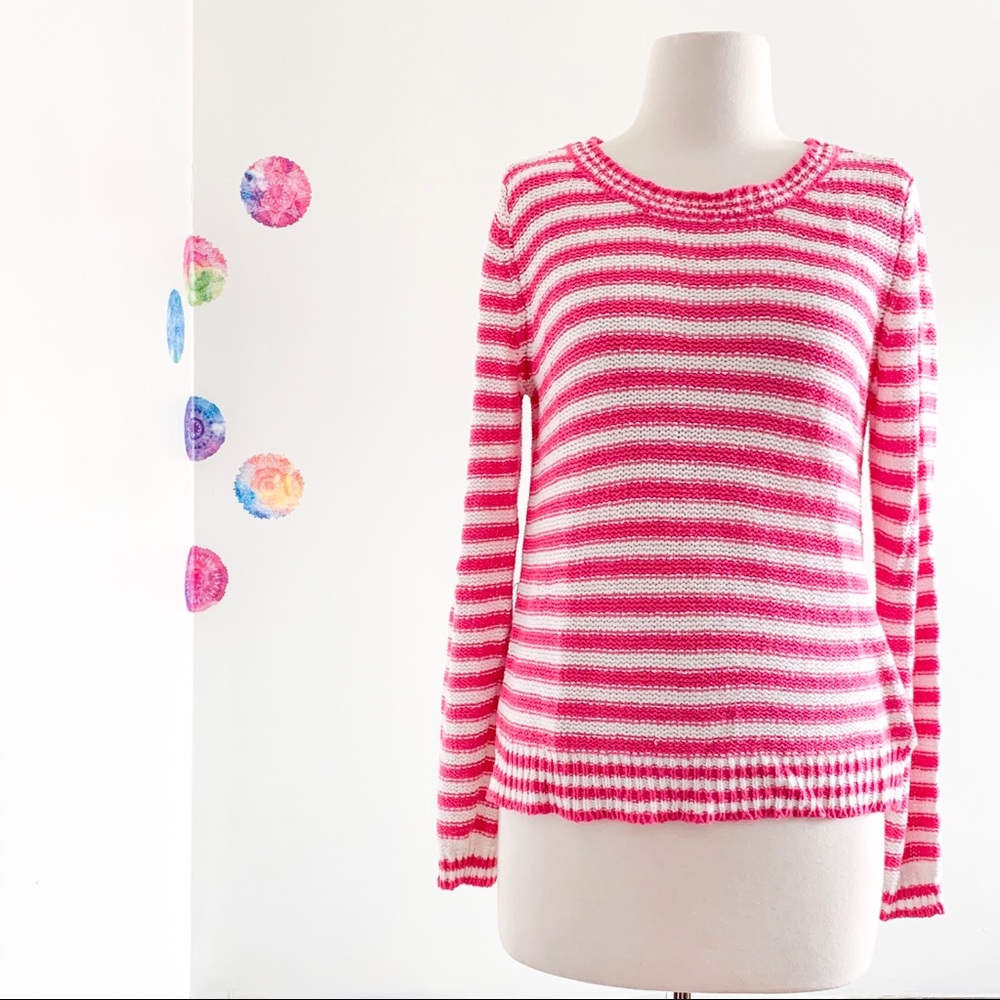 AEROPOSTALE Pink & White Striped Knit Sweater Side Slit Preppy Coastal medium